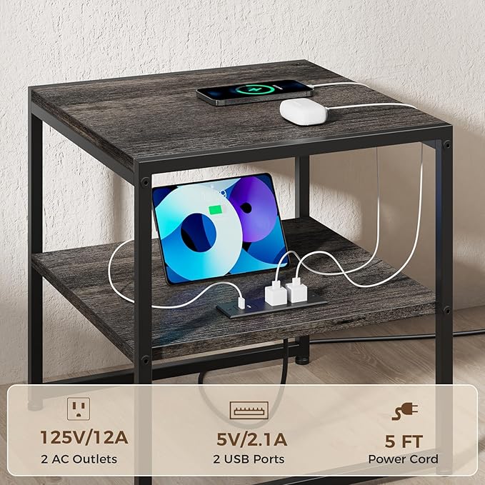 Tatub 20" End Table with Charging Station, Industrial Square Side Table with - Image 7
