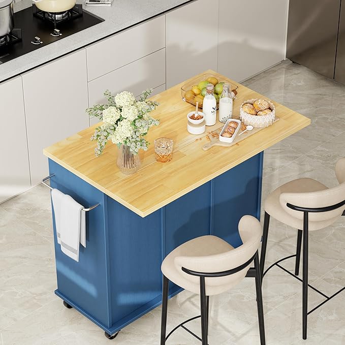 Shintenchi Kitchen Island with Storage, Bar Cart Cabinet Island Table on Wheels - Image 2