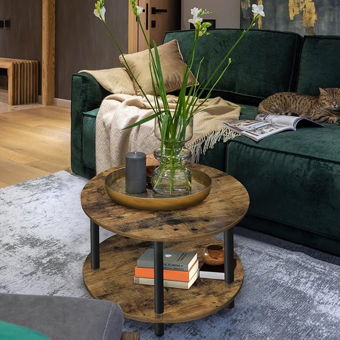 Small Round Coffee Table for Small Space, 23.5" 2-Tier Rustic Brown Wooden - Image 2