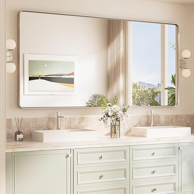 TokeShimi 72x36 Brushed Nickel Bathroom Wall Mirror Vanity Metal Frame Round by RefinedBathroomAccessories