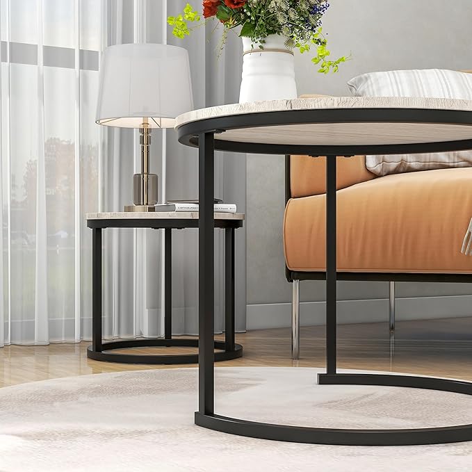 Round Coffee Table Set of 2 for Living Room, Nesting Tables Metal Frame/Wood - Image 6