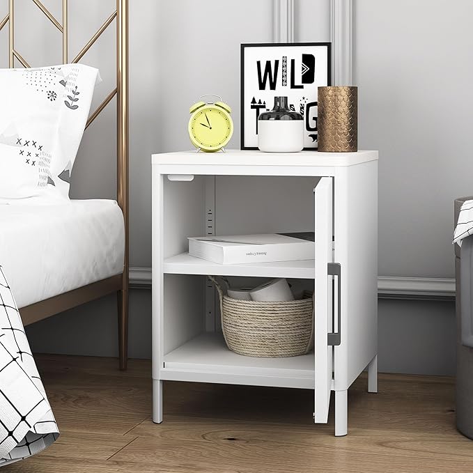 Nightstand with 1 Door, Metal Side Table with Wooden top - Image 5