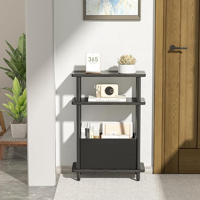 Narrow Side Table with Fabric Basket, 3 Tier Skinny End Table with Wood Legs - Image 2