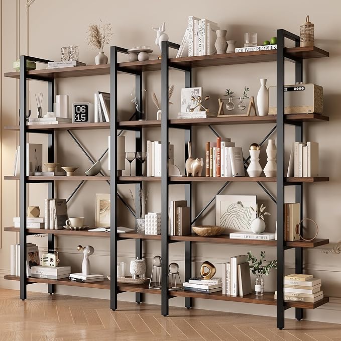 Industrial Bookshelf with 5 Shelves, Solid Wood core Bookcase, Walnut Wood and - Image 4