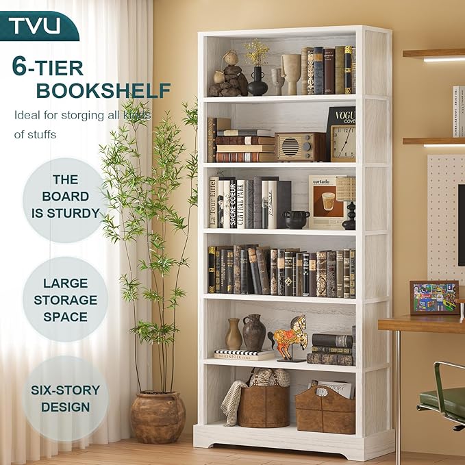 TVU 6 Shelf Bookcase, Freestanding Open Bookshelf, Tall Book Shelf, 11.8" D x - Image 5