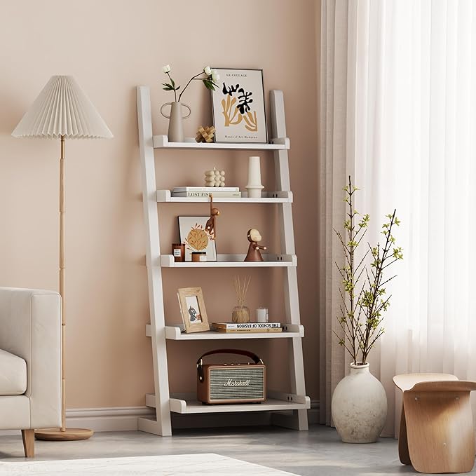 White Wooden Ladder Shelf with Edges, 5-Tier Modern Leaning Bookshelf Ladder – - Image 6