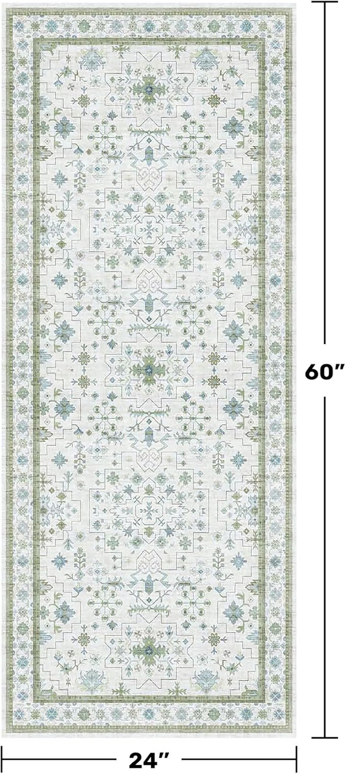 Cream Green and Blue Turkish Bathroom Runner 2x5 - Image 2