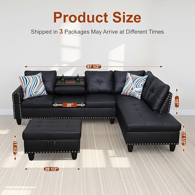 Osparple L Shaped Couch Faux Leather Sectional Couch Upholstered 3 Pieces Sofas - Image 2