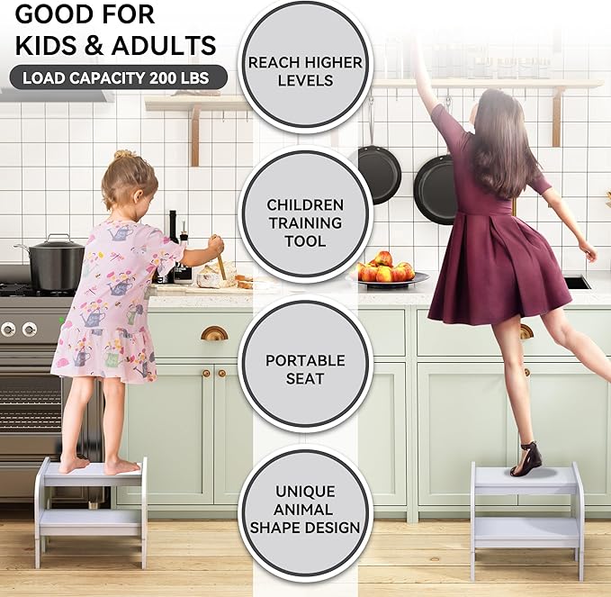 Wood Step Stools for Kids, Child Two Step Stool of Elephant Shape, Toddler Step - Image 3