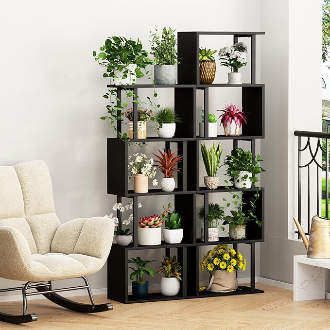 Gadroad 5-Tier Bookshelf, Tall S-Shaped Geometric Bookcase, Wood and Metal - Image 2