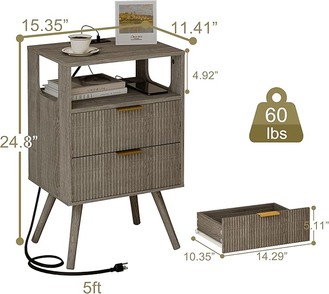 Nightstand with Charging Station and LED Lights, Modern Bedside Table with 2 - Image 2