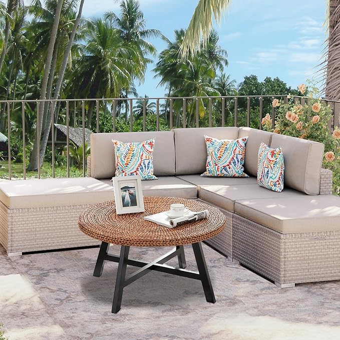 RANDEFURN Round Coffee Table, Seagrass Coffee Solid Pine Wood X Base Frame - Image 2