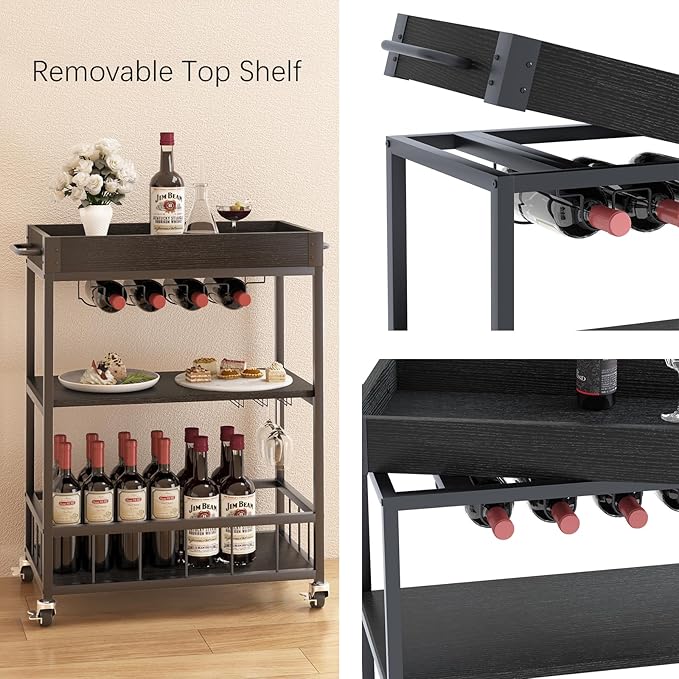 Bar Cart Serving Wine 3 Tier Home Rolling Rack - Image 8