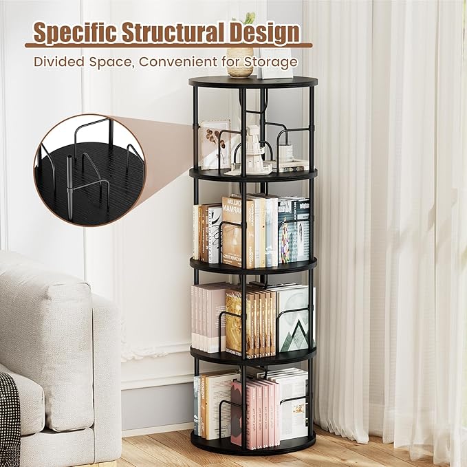 Rotating Bookshelf, 4 Tier Spinning Bookshelf Tower, 360° Display Round Bookcase - Image 3