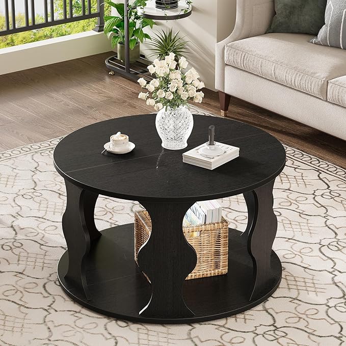 HSH Black Round Coffee Table, Modern Wood Circle Center Table - Image 7