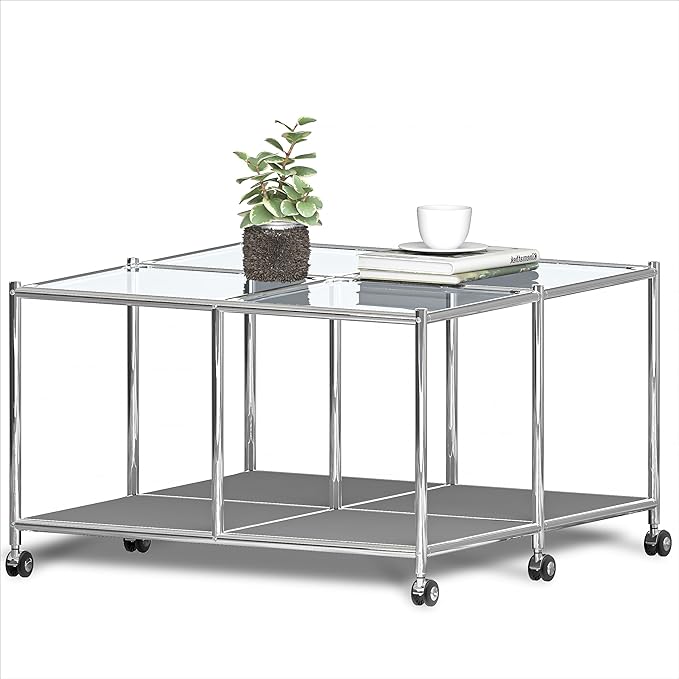 Matte Coffee Table with Open Storage, Square Tempered Glass Storage Rolling by SIMPLINK