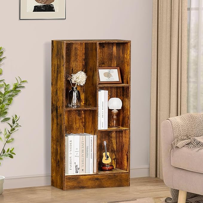 LEYAOYAO 5 Cube Mid-Century Modern Brown Wood Bookcase, 3 Tier Storage - Image 7