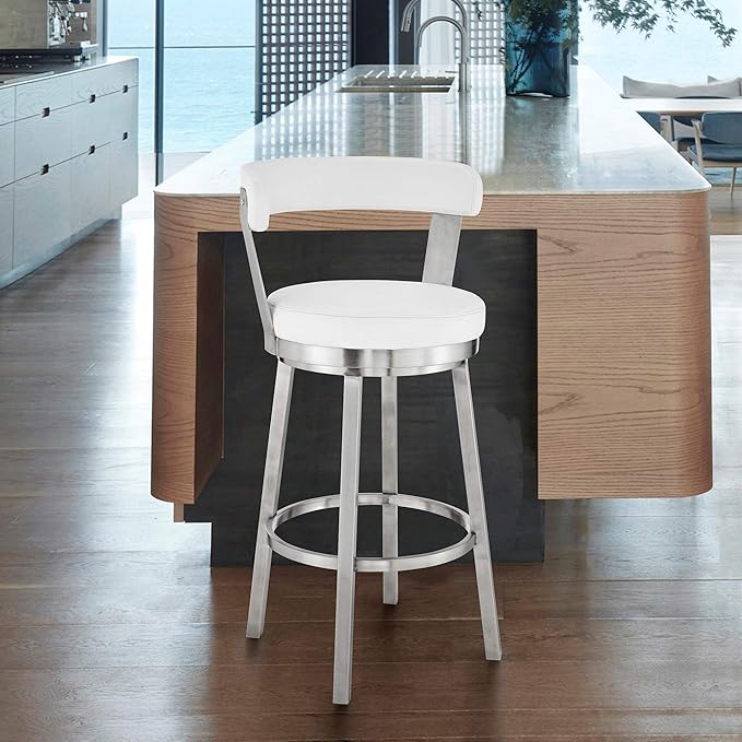 Armen Living Bryant Modern 30" Seat Height White Faux Leather and Brushed - Image 2