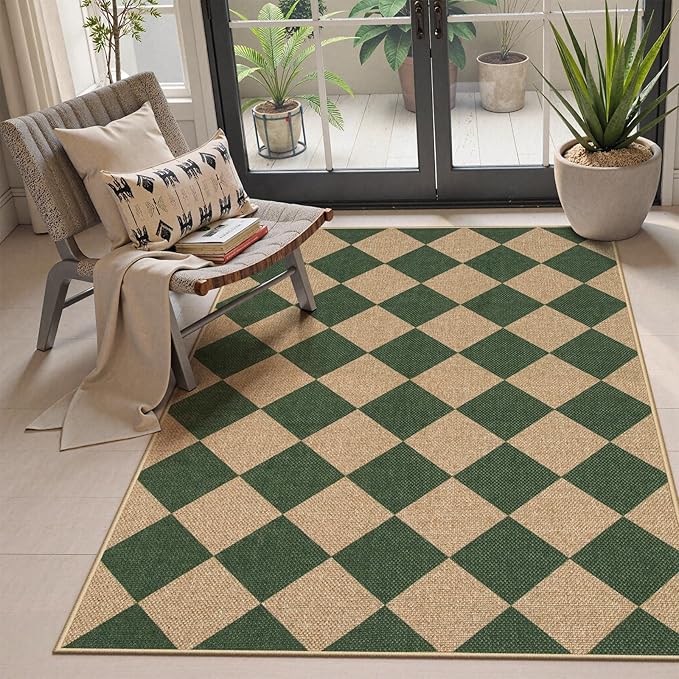 Lahome Checkered Outdoor Patio Easy Jute Rug, 3x5 Dark Green Washable Front by Lahome