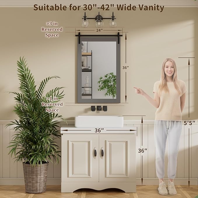 Farmhouse Wall Mirror, Rustic Wood Frame Bathroom Mirror Barn Door Inspired - Image 4