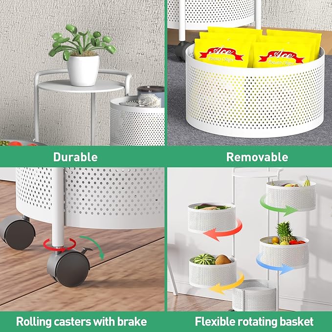 JAQ Rotating Fruit Basket, 5-Tier Metal Sturdy Kitchen Storage Rack Carts No - Image 4
