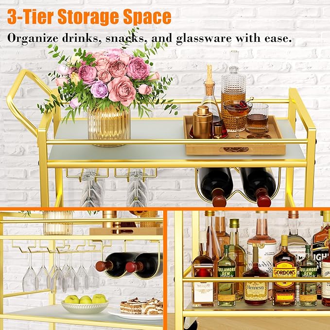 Gold Bar Cart, Serving Cart for Home, Rolling Beverage Cart - Image 5