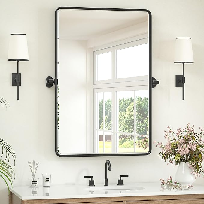 Keonjinn 24 x 36 Inch Pivot Mirror Bathroom, Matte Black Beveled Pivot by Keonjinn