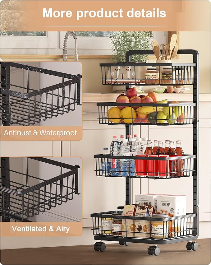 UMDONX 4-Tier Kitchen Storage Cart Metal Snack Cart Adjustable Fruit Basket on - Image 6