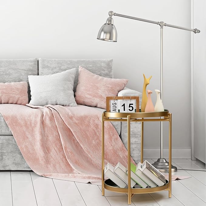 TeoKJ 2 Tier Gold Side Table, Folding Round Metal End Table Small Nightstand - Image 5