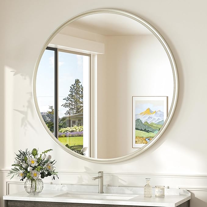 TokeShimi 36 in Round Brushed Nickel Mirror Tempered, Round Mirror Framed by RefinedBathroomAccessories