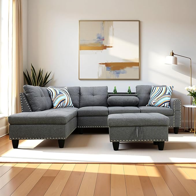 L Shaped Couch Modern Sectional Couch Upholstered Linen Fabric 3 Pieces Sofas by LynginsCreativeLife