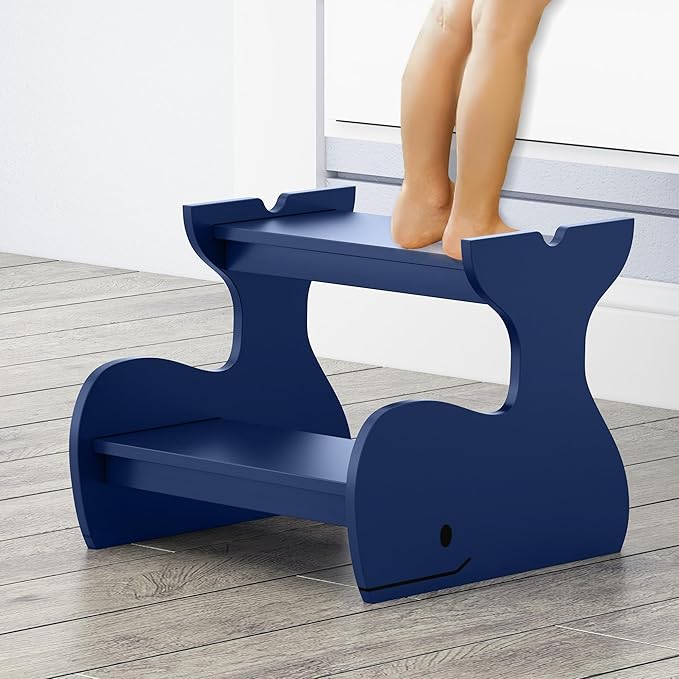 Wood Step Stools for Kids, Child Two Step Stool of Whale Shape, Toddler Step by AZODY