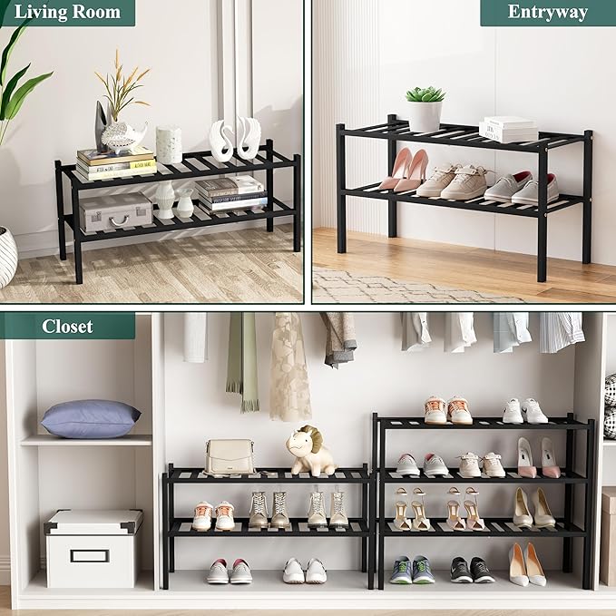 Smiry Shoe Rack, 2 Tier Bamboo Shoe Organizer, Stackable Free Standing Wooden - Image 7