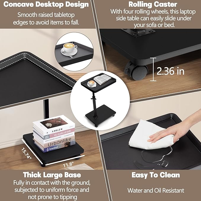 Aoligrace C Shaped End Table Adjustable Height, 360° Swivel Side Table - Image 7