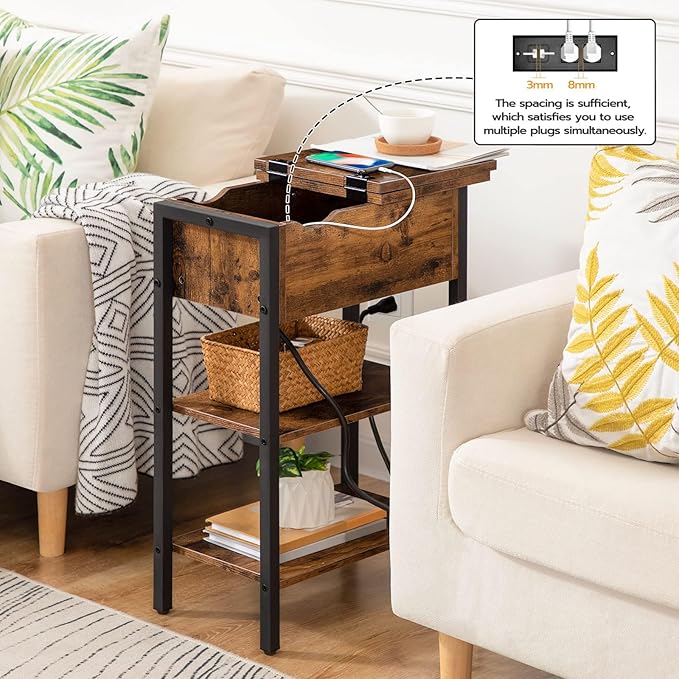 HOOBRO End Table with Charging Station, Narrow Side Table, Flip Top Nightstand - Image 4