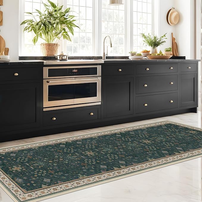 Dark Green Washable Kitchen Runner Rug, Stain Resistant Rugs - Image 5