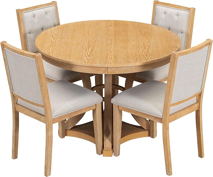 Merax 5-Piece Extendable Round Dining Table Set 42"-58" Retro Functional Table - Image 3