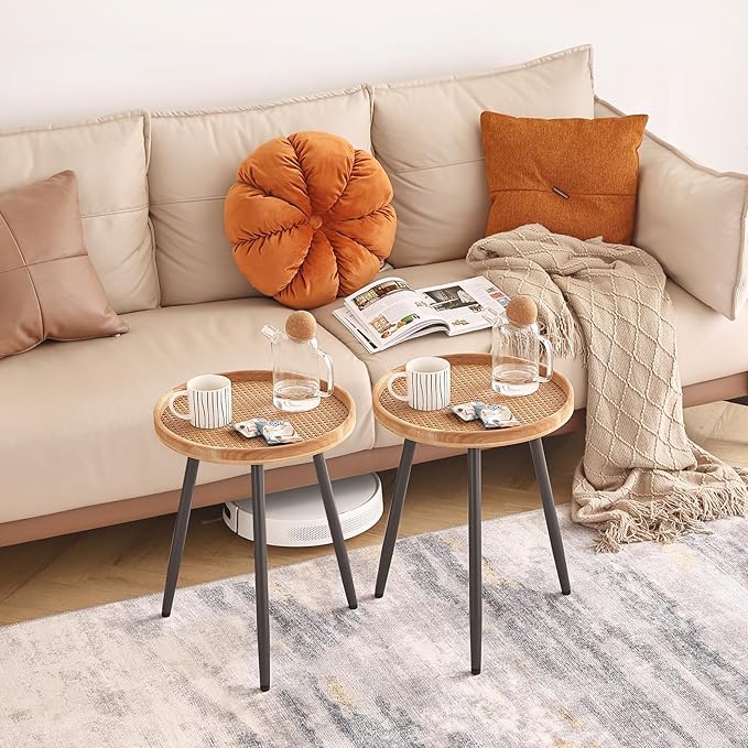 LITA 2 Pcs Rattan Log Desktop Round Side End Table, Nightstand/Small Tables - Image 3