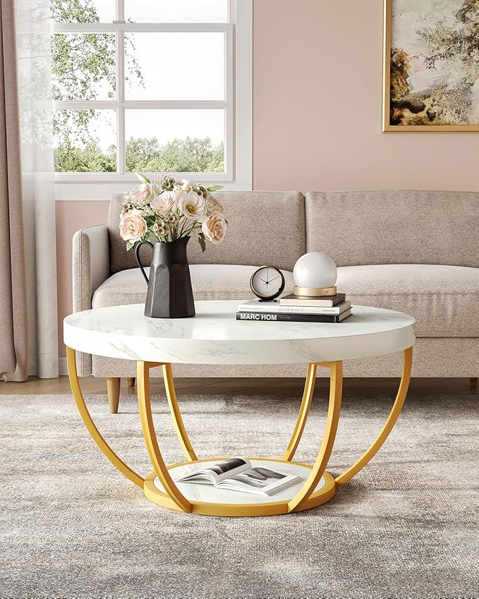 LITTLE TREE Round Coffee Table, 2-Tier Golden Metal Legs Accent Center Table - Image 5