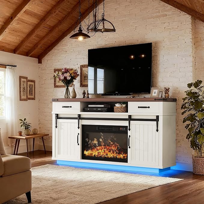 59'' Fireplace TV Stand with 3D Flame Electric Fireplace Heater, Entertainment - Image 6