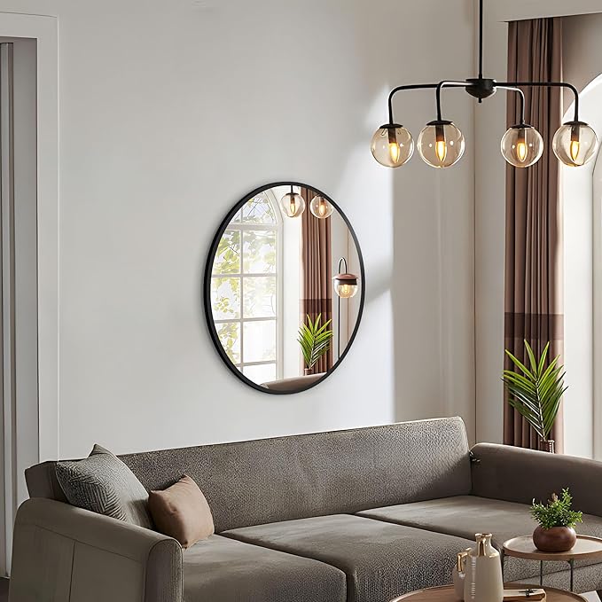 Round Mirror Black Frame 28 Inch Mirror Living Room Round Bathroom Mirrors - Image 8
