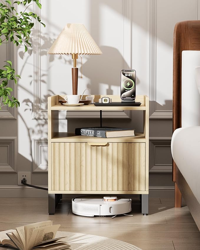 Fluted Night Stand with Charging Station, Wood Nightstand with Large Drawer and by DEMEGA