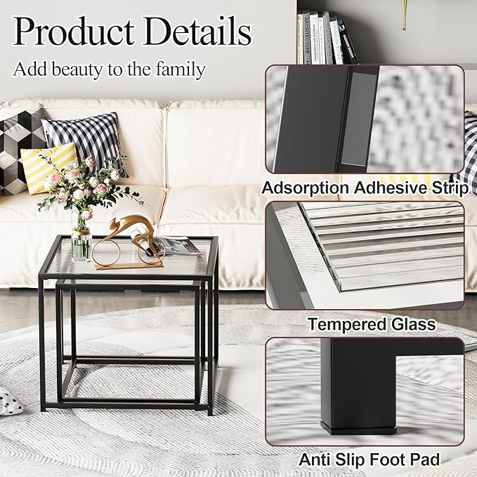 Garden 4 you Coffee Table Set of 2, Modern Patterned Glass Nesting Table - Image 5