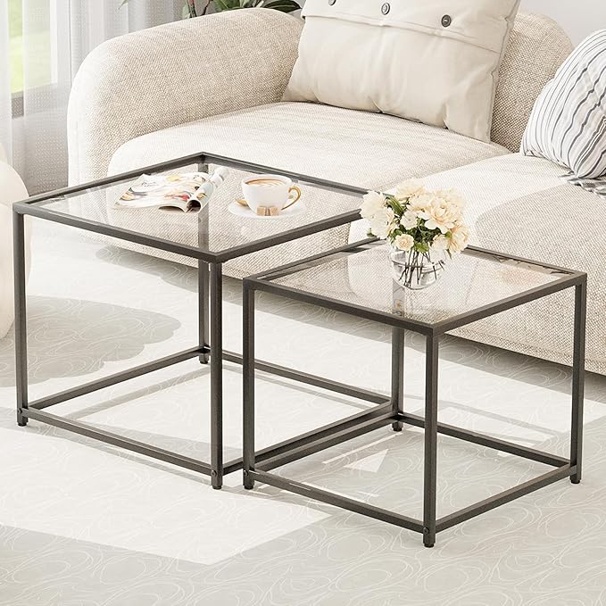 Garden 4 you Coffee Table Set of 2, Modern Glass Nesting Table, Metal Frame by Garden4you