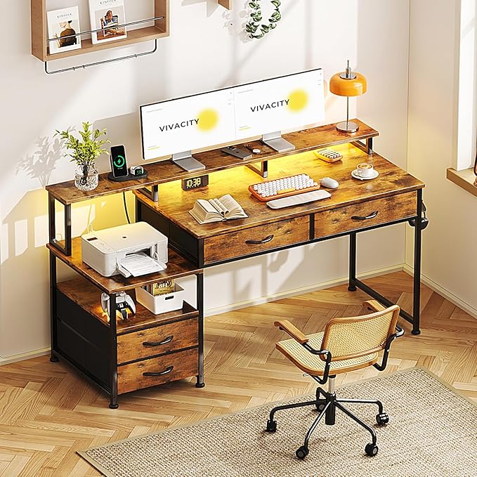 53" Computer Desk with 4 Drawers & Power Outlets, Reversible Home Office Desk - Image 2