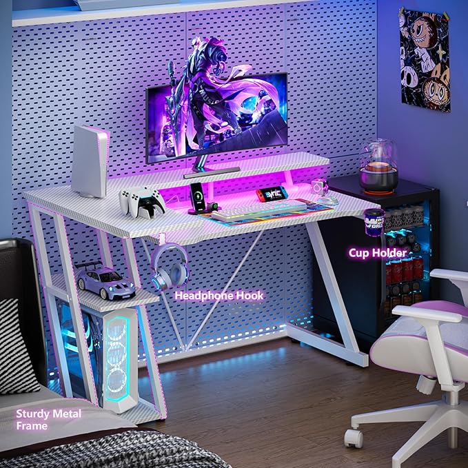 47 Inch White Gaming Desk with Power Outlet & LED Lights, Corner Computer Desk - Image 6