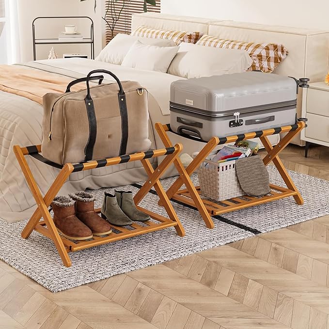 Pack of 2 Fully Assembled Bamboo Luggage Racks by SmartFENDEE
