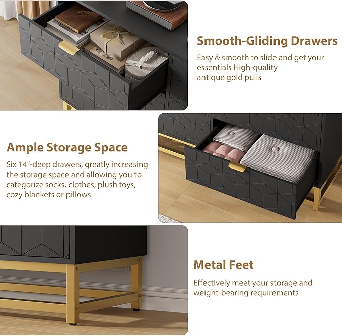 GAOMON Black Dresser for Bedroom, Modern 6 Drawer Double Dresser - Image 6
