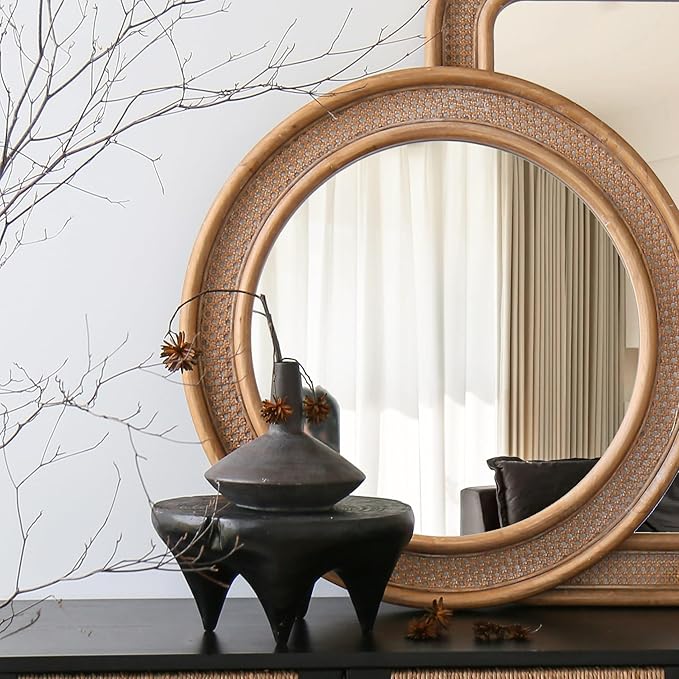 Micasso Round Rattan Wall Mirror: 30" Purely Handmade Wooden Frame Wicker Mirror - Image 7