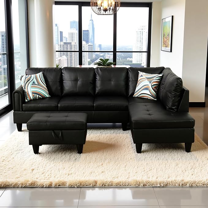 Couches for Living Room Faux Leather L Shaped Couch Comfy 3 Pieces Sectional by LynginsCreativeLife
